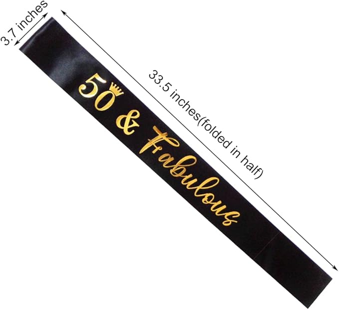 50th Birthday Sash for Women and Men,50&Fabulous Sash Black with Gold Foil Lettering.