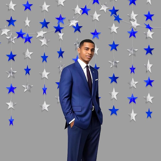 Blue Silver Shining Star Hanging Garland Blue Silver Hanging Sparkling Star Streamer Bunting Banner Twinkle Backdrop for Wedding Baby Shower Birthday Christmas Decorations 40 Feet