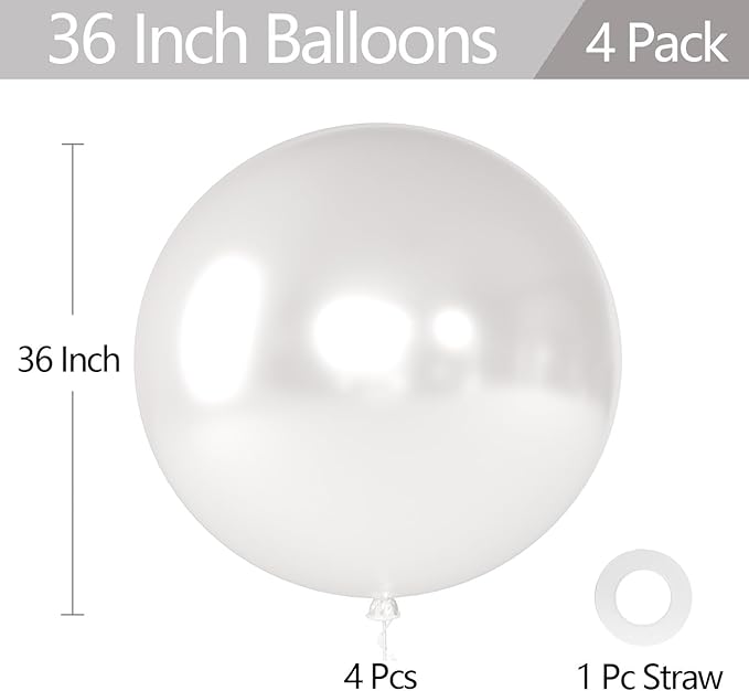 KALOR Pearl White Giant Balloons 36 Inch Large Latex Balloons, 4 Pack Jumbo Round Helium Balloon for Birthday Bridal Shower Wedding Baby Shower Party Decorations