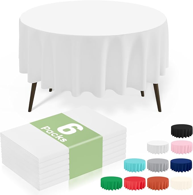 misaya 6 Packs Disposable Plastic Table Cloth, 84" Round Waterproof Tablecloth, Leakproof & Sturdy Decorative Table Covers for Easter, Picnic, Party and Outdoor, White
