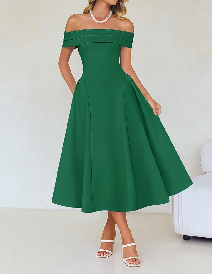 ZESICA Summer 2026 Cocktail Dresses for Women's Off Shoulder Short Sleeve Swing A Line Wedding Evening Party Midi Dress