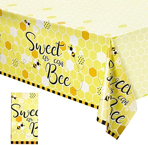 Tatuo 1 Packs Bee Plastic Tablecloths - 54 x 108 Inches Sweet as Can Bee Decorative Table Cover Honey Party Tablecloth Set for Birthday Baby Shower Gender Reveal Party Decorations