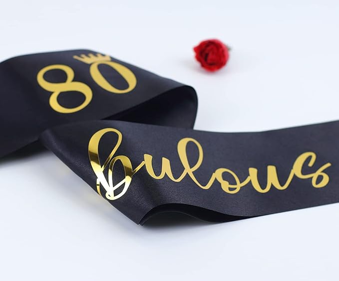 80th Birthday Sash for Women and Men 80&Fabulous Sash Black with Gold Foil Lettering