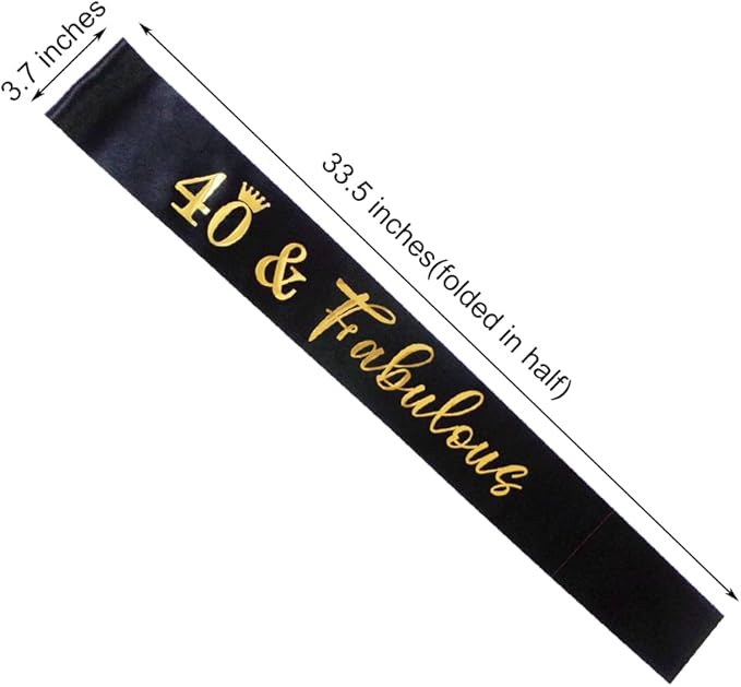 40th Birthday Sash for Women and Men 40&Fabulous Sash Black with Gold Foil Lettering