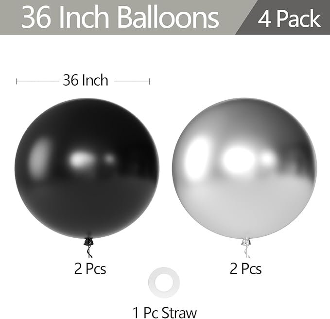 KALOR Metallic Silver and Black Giant Balloons 36 Inch Large Latex Balloons, 4 Pack Jumbo Round Helium Balloon for Birthday Bridal Shower Wedding Baby Shower Party Decorations