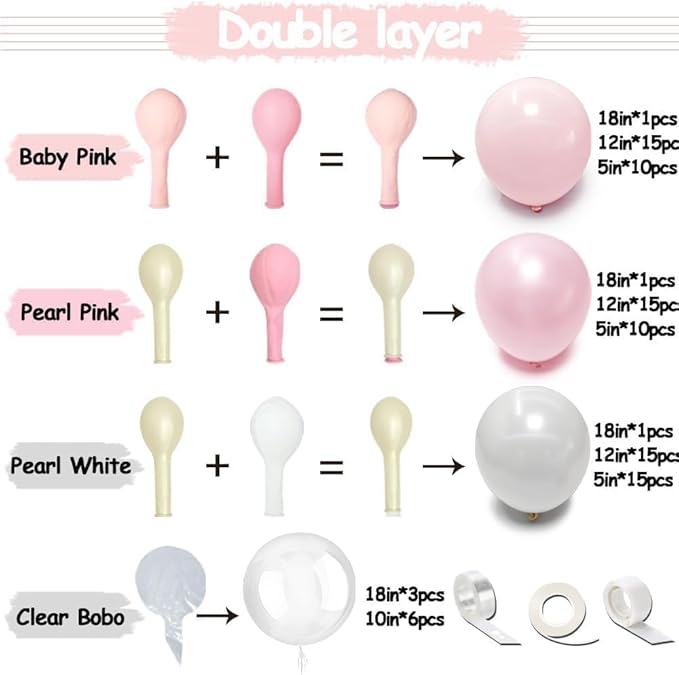Pearl Pink White Balloon Arch Double Stuffed Pastel Light Pink White Cream Balloon Garland Kit with Bobo Balloons for Birthday Wedding Bridal Baby Shower Mother's Day Bachelorette Party Decor
