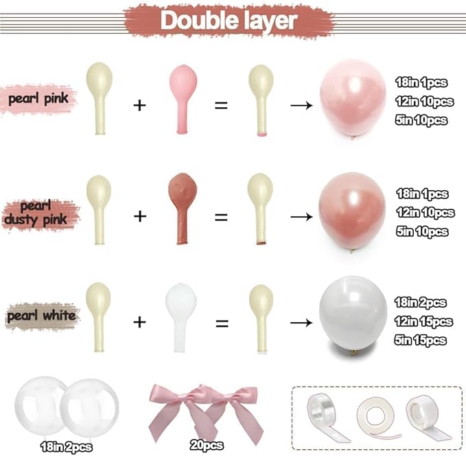 Light Pink White Balloon Arch-Double Stuffed Pastel Baby Pink White Pearl Balloons with Bow Clear Balloon Arch Kit for Birthday Baby Shower Bridal Wedding Mother's Day Party Decorations