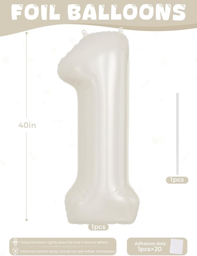 Cream Number 1 Balloons – 40 Inch Giant Foil Number Balloon, Light Cream Big Number Balloon for Birthday Anniversary Baby Shower Party Decorations