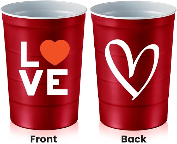 16 oz. Party Cup Love Heart Design for Cold Drinks, Durable, Disposable, Recyclable, Made in USA, Red, 12 Count