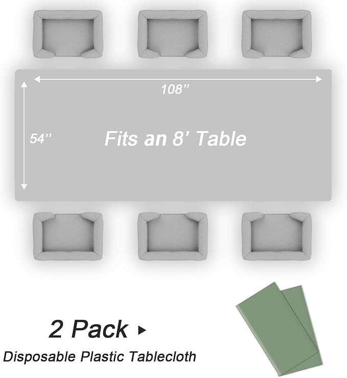 QIKSION Sage Green Plastic Table Cloth Disposable 2 Pack, 54 x 108 Inch Tablecloths for Baby Shower Birthday Bridal Wedding Party Decorations, Rectangle Table Cover