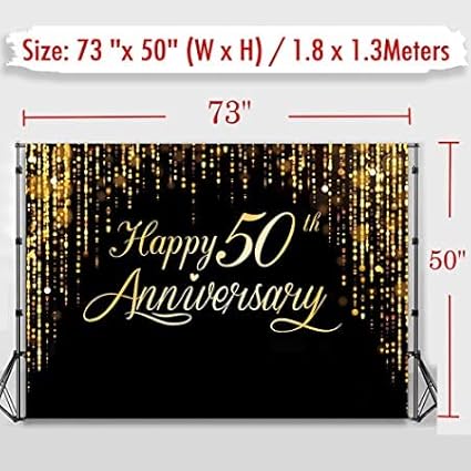Anniversary Backdrop for Happy 50th Party, Black Gold Background Glitter Bokeh Dots Wedding Anniversary Party Photo Background Cake Table Extra Large Wall Decor Props (73'' x 50'')