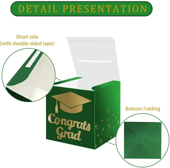 Graduation Card Box Holder, Congrats Grad Foldable Cardboard Decorations Box for Graduation Party Decoration and Grad Parties (Green)