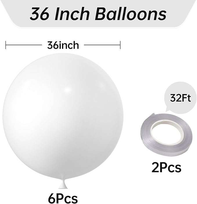KALOR 36 Inch Giant White Balloons, 6 Pack Large Round White Latex Balloons for Anniversary, Birthday, Christmas, Wedding, Baby Shower Party Decorations