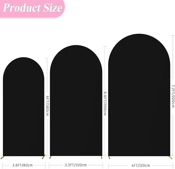 Wedding Arch Cover (7.2FT, 6.6FT, 6FT) Set of 3 Arch Backdrop Spandex Cover for Birthday Party Baby Shower Ceremony Banquet Decoration (Black, 7.2FT,6.6FT,6FT)
