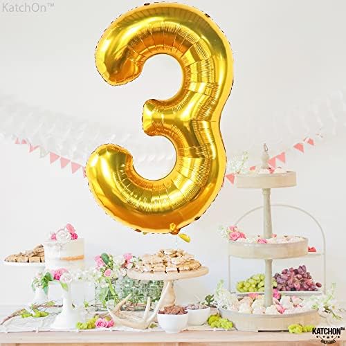 KatchOn, Giant Gold Number 3 Balloon - 40 Inch | Gold 3 balloon Number for 3rd Birthday party Decorations for Boys | Gold Three balloon, 3 Year Anniversary Decor | 3 Year Anniversary Decorations