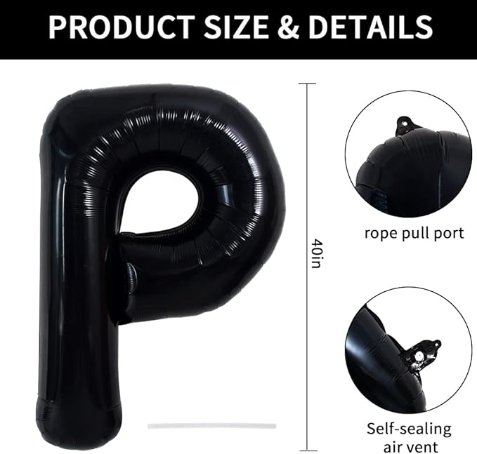 TONIFUL 40 Inch Large Black P Letter Balloon - Jumbo Helium Foil Mylar Big Alphabet for 2026 New Year Eve Graduation Wedding Baby Shower Birthday Party Anniversary Supplies Decorations