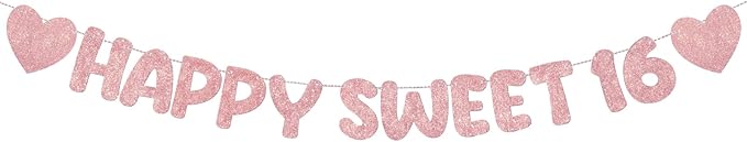 Fulmoon Pre Strung Happy Sweet 16 Banner Glitter Sixteenth Birthday Party Decorations 16th Party Sign Sweet 16 Party Decorations for Birthday Party Bachelorette Party(Rose Gold)