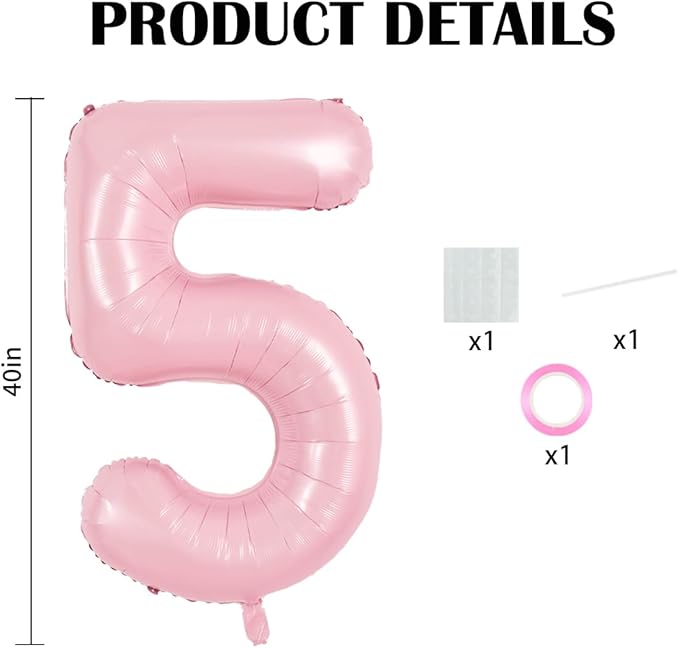 TONIFUL 40 Inch Pastel Pink Number 5 Balloon Balloon Big Pink Digital 5 Balloon for Girl's Birthday Party Wedding Bridal Shower Engagement Anniversary Photo Shoot Supplies