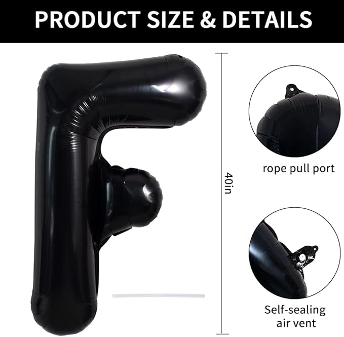 TONIFUL 40 Inch Large Black F Letter Balloon - Jumbo Helium Foil Mylar Big Alphabet for 2026 New Year Eve Graduation Wedding Baby Shower Birthday Party Anniversary Supplies Decorations