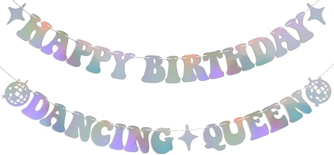 Happy Birthday Dancing Queen Banner Dancing Queen Themed Birthday Party Decorations Disco Bday Decorations Mamma Mia Decor Holographic
