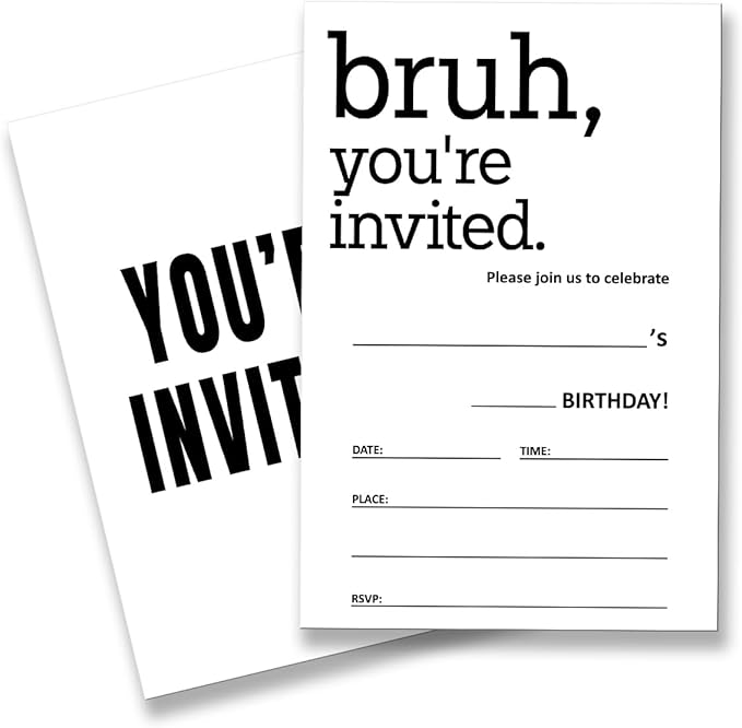 Birthday Invitations for Boys Supplies with Envelopes Set of 20 Bruh Black and White Birthday Invitations Fill in Blank, Double Sided
