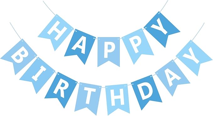 Happy Birthday Banner Sign, Birthday Garland Wall Door Hanging Banners Flag for Women Men Boys Girls Party Backdrop Decorations, Personalized Name Banner White Letters Light Blue