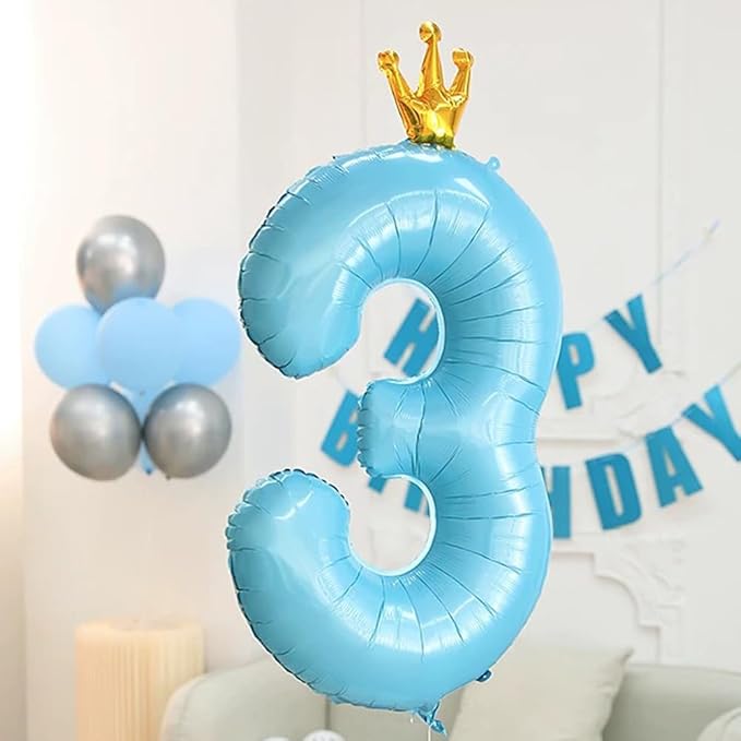 Blue Number 3 Balloon with Crown, 40 inch Blue Number Balloon 3rd Birthday Party Decoration BlueCrown Balloons 0-9 for Birthday Party Anniversary Decorations Supplies