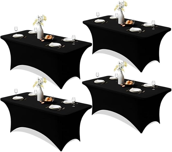Trlyc 4 Pack 6FT Spandex Table Cloth - 72 x 30 Inch Rectangular Stretch Tablecloth, Wrinkle Resistant Scretch Table Cover for Wedding, Party, Banquet, Picnic, Outdoor Decoration (4Pcs,Black)