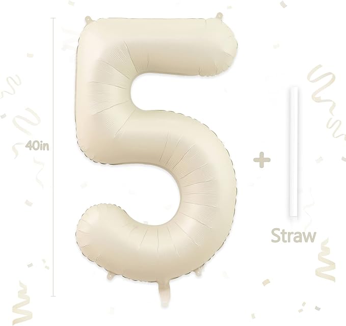 Number 5 Balloon, 5 Balloon, Number Balloons 40 Inch, Sand White Large Big Foil Number Balloons for Birthday Party Graduation Wedding Anniversary Baby Shower Bachelorette Decoration Supplies