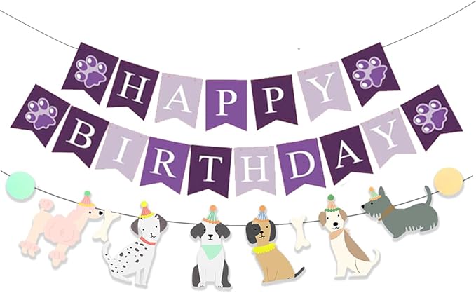 Dog Themed Puppy Paw Happy Birthday Banner for Boys Girls DIY Party Supplies (Colours+Purple)