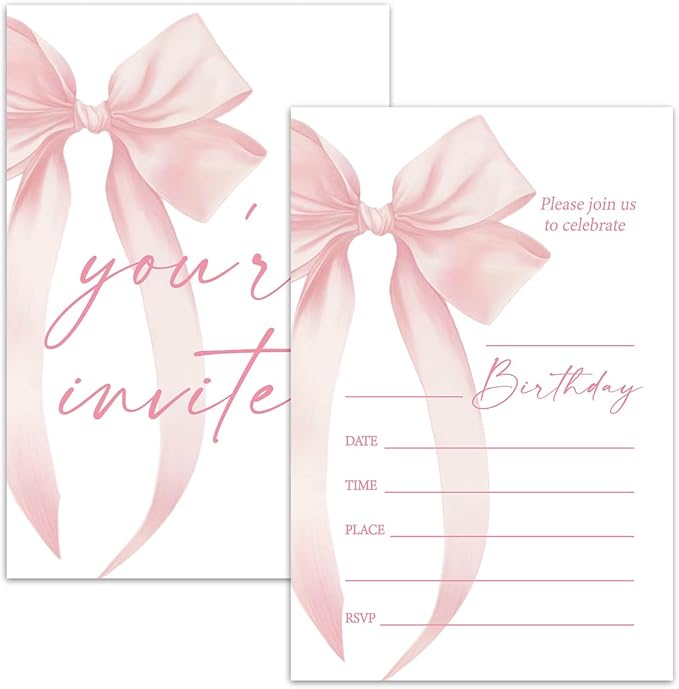 Pink Bow Birthday Invitation Cards For Girls Adult Teens, Birthday Party Supplies Favors, 20 Fill-In Invitation Cards with Envelopes -24