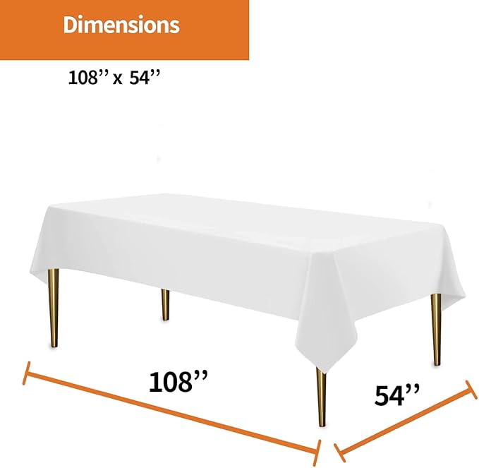 Party Dimensions White Disposable Plastic Tablecloth for Rectangle Tables (48 Pack) Premium Decorative Table Cloths for Parties, Events & Weddings, Indoors & Outdoors, 54 x 108 inches