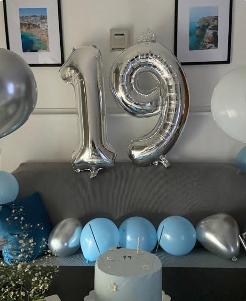 40 Inch Big Silver 19 Balloon Number, Jumbo Giant Happy 19th 91 Birthday Party Decorations, Large 19 Mylar Foil Anniversary Birthday Party Engagement Decorations