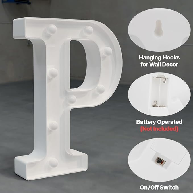 Light Up Letters Marquee, 26 Alphabet Battery Powered LED Lights Sign, White Plastic Night Light for Engagement Party, Wedding, Baby Shower, Birthday, LED Light Up Letters (P)