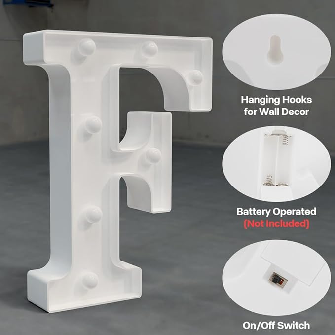 Marquee Light up Letters, 26 Alphabet Battery Powered LED Lights, Night Light White Plastic for Engagement Party Wedding Baby Shower Birthday, Table Decoration (Letter F)