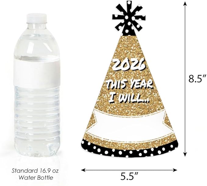 Big Dot of Happiness Pop, Fizz, Clink! - Cone Party Hats - 2026 New Year's Eve Resolution Cone Party Hat for Kids and Adults - Set of 8 (Standard Size)