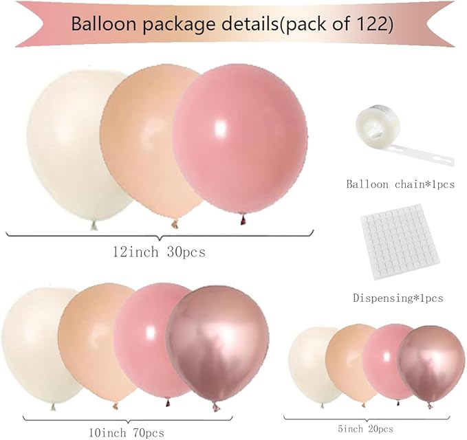 Dusty Pink Blush Balloon Garland Arch Kit, 122PCS Retro Pink Nude Ivory White Metallic Rose Gold Balloons for Boho Engagement Wedding Bridal Shower Birthday Baby Shower Annibersary Party Decorations