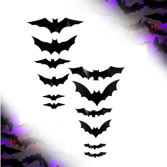 2025 New Halloween 3D Lighted Bats, LED Purple Lighted 3D Bats Halloween Decoration, Upgrade LED Glowing Bat Group Hanging Wall Luminous Glow Clings Multipack (24Pcs Black)