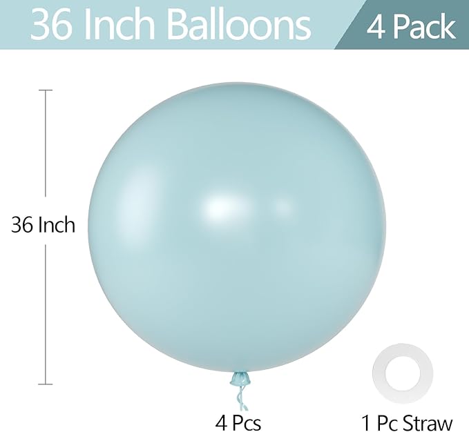 KALOR Mist Blue Giant Balloons 36 Inch Large Latex Balloons, 4 Pack Jumbo Round Helium Balloon for Birthday Bridal Shower Wedding Baby Shower Party Decorations