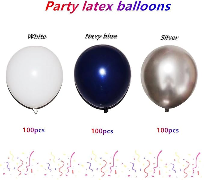 300 Pcs White Navy Blue and Silver Balloons 12 Inch Latex Assorted Color Bulk Balloon for Graduation Ceremony Birthdays Weddings Party Decorations