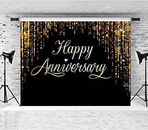 Happy Anniversary Backdrop Party Decorations, Black Gold Glitter Bokeh Dots Wedding Anniversary Party Photo Background Cake Table Banner Extra Large Wall Decor Props 6 * 4ft Valentine's Day