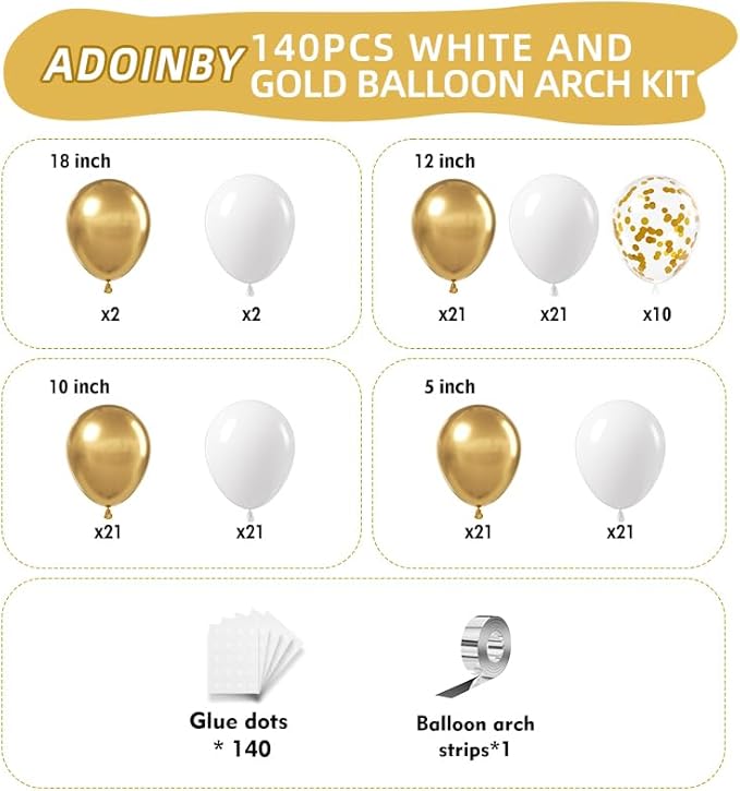 White and Gold Balloon Arch Kit, 140Pcs Matte White Metallic Gold and Gold Confetti Party Balloon Garland Kit for Wedding, Engagements, Birthday, Bridal Shower, Baby Shower Anniversary Decorations