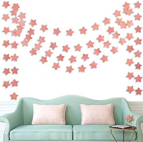 6 Pack Glitter Rose Gold Star Paper Garland Bridal Shower Wedding Bachelorette Party Birthday Party Bunting Banner Hanging Decorations Sparkling Daily Indoor or Outdoor Decorative Supplies (50 Feet)