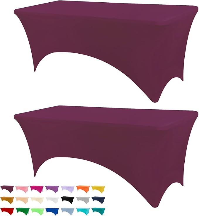 Table Covers for 6 Foot Tables, 2 Pack Burgundy Washable and Wrinkle Resistant Stretch Tablecloths Rectangle 6ft for Events, Wedding, Banquets, Parties