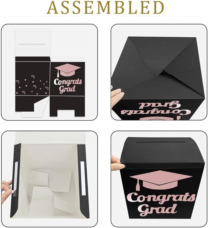 Graduation Card Box Holder, Congrats Grad Foldable Cardboard Decorations Box for Graduation Party Decoration and Grad Parties (Rose Gold)