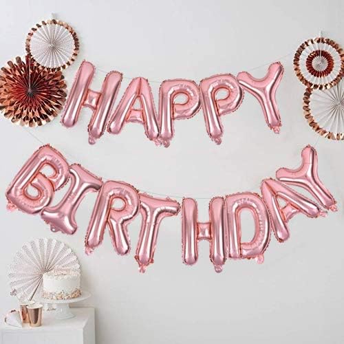 TONIFUL Rose Gold Happy Birthday Balloons Banner, 16 Inch Mylar Foil Letters Birthday Sign Banner Ballon Bunting Reusable for Girls Boys Kids & Adults Birthday Decorations and Party Supplies