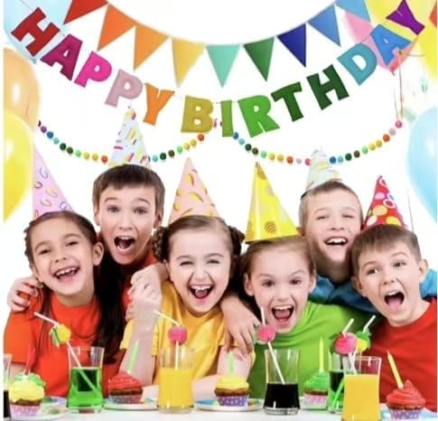 Pre-Strung Happy Birthday Banner,3D Effect Rainbow Birthday Party Decorations with Felt Garland, Pom Pom Garland, Felt Triangular Flag,Reusable Party Supplies for Kids Adults & Pets