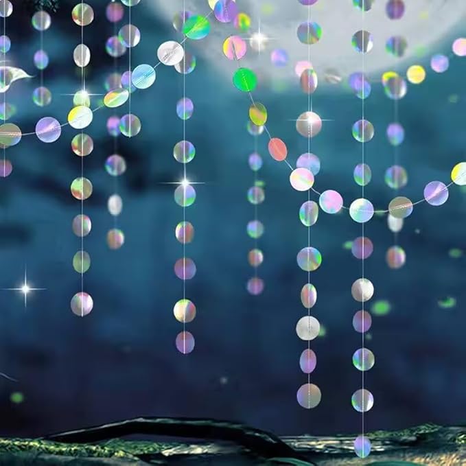 Iridescent Circle Dots Garlands Decorations, 52 Feet, Glitter Disco Garland Hanging Banner for Christmas Party, Anniversaries, Wedding, Birthday Parties, Graduations Parties, Baby Showers(Iridescent)