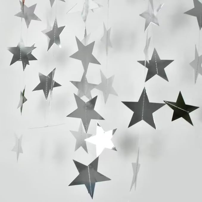 Silver Glitter Star Garland Hanging Decorations, Streamer Bunting Banner Decorations,65 Feet, Twinkle Star Backdrop for Graduation, Birthday, Wedding, Christmas Party, New Year (Silver)