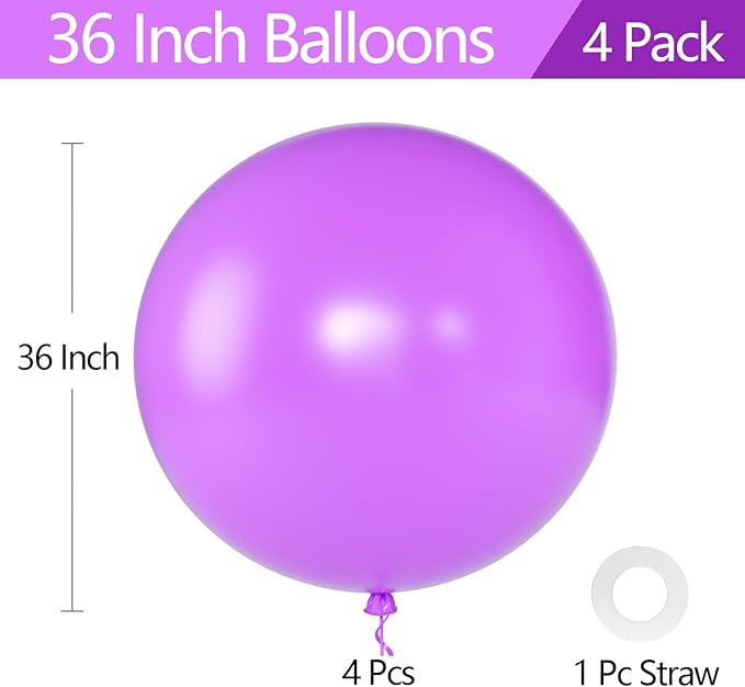 KALOR Purple Giant Balloons 36 Inch Large Latex Balloons, 4 Pack Jumbo Round Helium Balloon for Birthday Bridal Shower Wedding Baby Shower Party Decorations